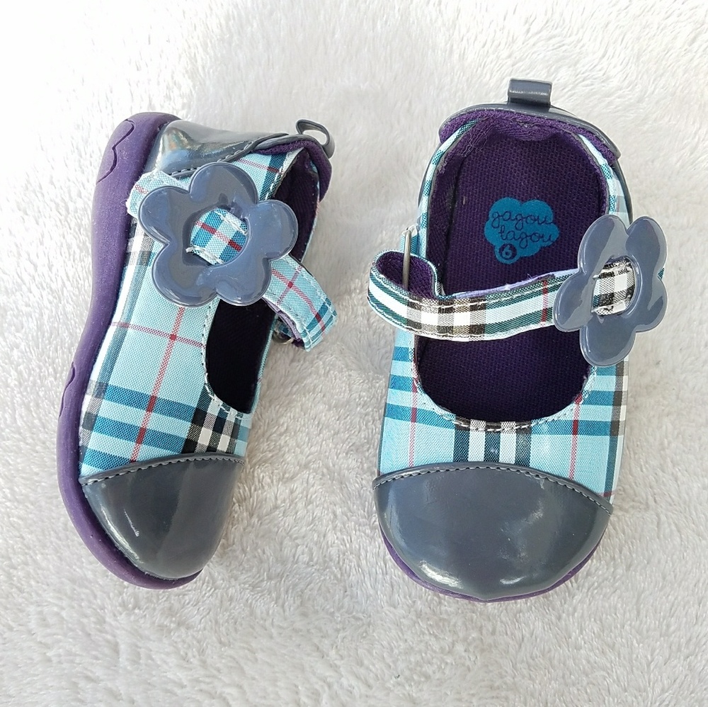 Girl's Blue Plaid Baby Shoes Flower Velcro Strap